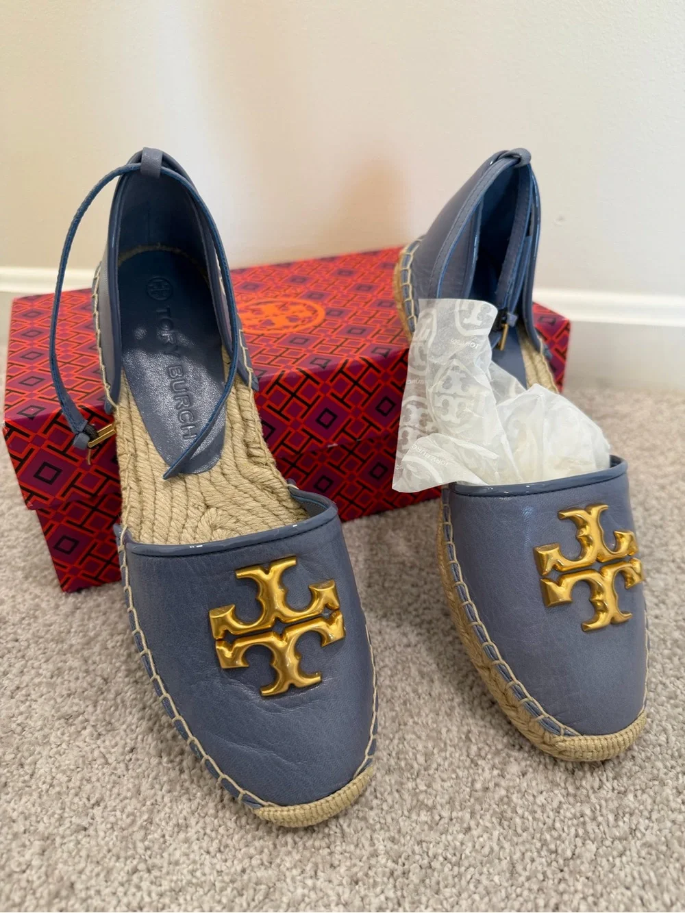 Tory Burch Navy Leather Espadrilles with Gold Logo